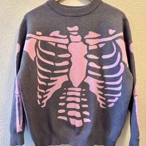 Forever 21 Gray and Pink Skeleton Crewneck Sweater